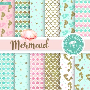 May include: A set of 12 digital paper patterns featuring mermaid tails, seashells, and stars in shades of pink, blue, and gold. The papers are perfect for crafting, scrapbooking, and digital design projects.