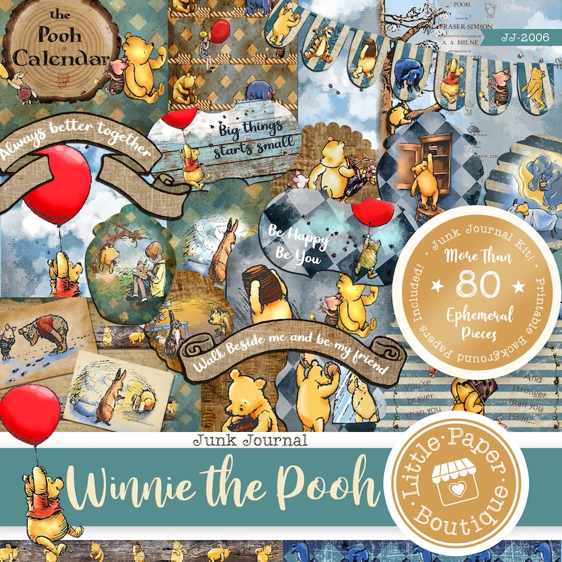 Winnie the Pooh Classic (#2) Digital Junk Journal Kit (FULL KIT) with Scrapbook Printable Papers, Tickets and Ephemera for COMMERCIAL Use image 3