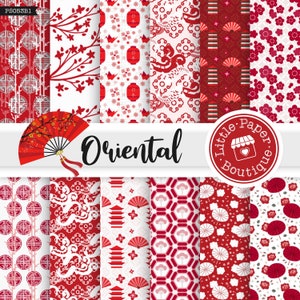 May include: A set of 10 digital paper patterns featuring red and white oriental designs. The patterns include geometric shapes, flowers, and traditional Chinese symbols. The text "Oriental" is displayed in a bold font above the patterns. The text "Little Paper Boutique" is displayed in a circle with a small shop icon.