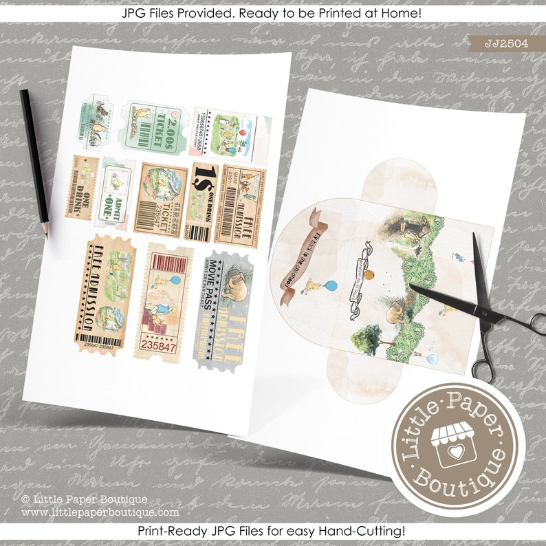 May include: Printable Winnie the Pooh party favor boxes. The boxes are shaped like a half circle and feature a watercolor illustration of Winnie the Pooh and Piglet in the Hundred Acre Wood. The boxes are decorated with a blue balloon, a beehive, and a honey pot. The text "ansehen wir ab uns alle" is printed on the box. The boxes are ready to be printed at home and cut out.
