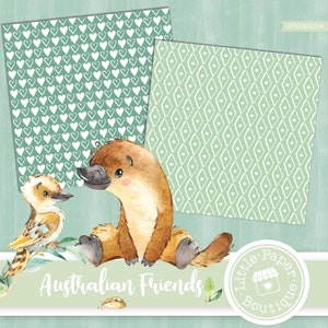 May include: A digital paper pack with two designs featuring a green background with white hearts and diamonds. The pack also includes a watercolor illustration of a platypus and a kookaburra with the text "Australian Friends".