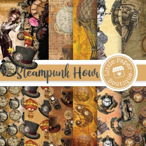 Steamtime Paper Pack, Junk Journal, Steampunk Printable, Digital Paper Pack, Scrapbook Paper, Digital Downloads, Steampunk Prints Vintage