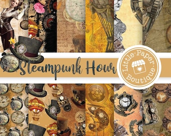 Steamtime Paper Pack, Junk Journal, Steampunk Printable, Digital Paper Pack, Scrapbook Paper, Digital Downloads, Steampunk Prints Vintage
