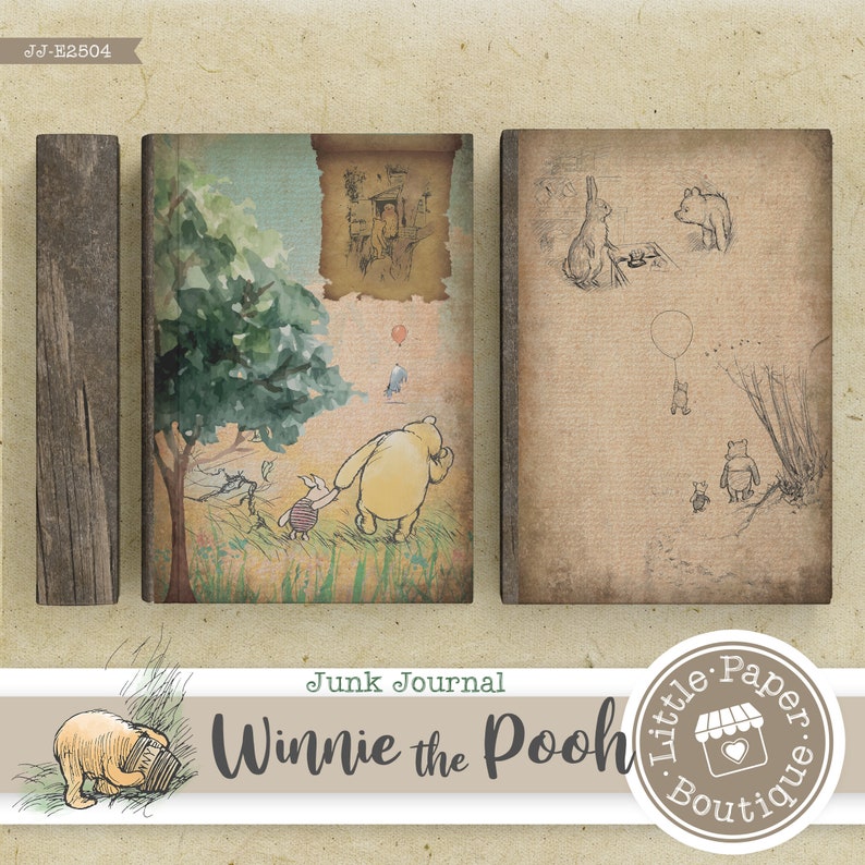 May include: Winnie the Pooh junk journal with a vintage book cover design. The front cover features Winnie the Pooh and Piglet walking through a forest. The back cover has a sketch of Winnie the Pooh and Piglet with a balloon. The journal is titled "Junk Journal Winnie the Pooh" and has a "Little Paper Boutique" logo.