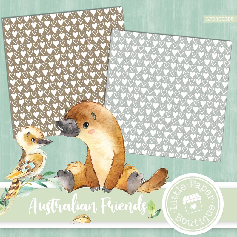 May include: A digital paper pack with two seamless patterns featuring white hearts on a brown and gray background. The pack also includes a watercolor illustration of a platypus and a kookaburra with the text "Australian Friends" and a logo for "Little Paper Boutique".