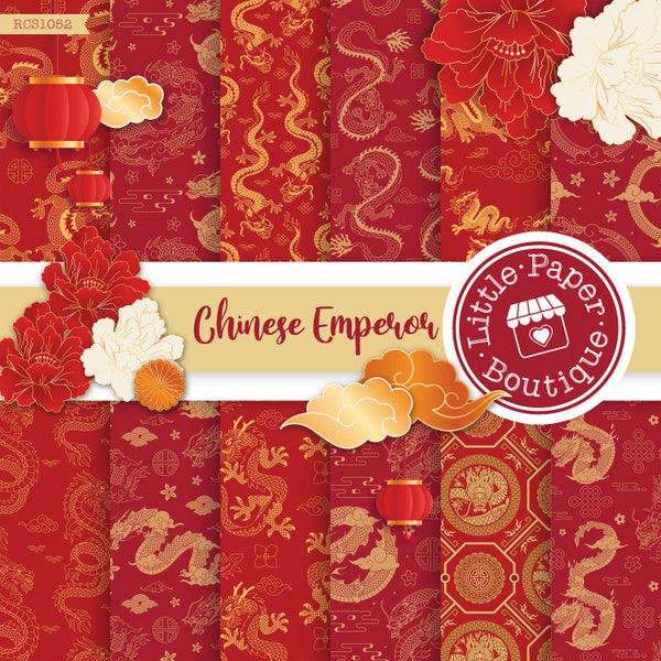 SEAMLESS Vintage Chinese Dragon Art digital paper pack. Red & Gold Chinese paper, Japanese paper. Oriental paper for scrapbook art