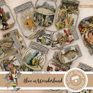 Alice in Wonderland junk journal Mason Jars, printable, autumn, vintage, journal kit, junk journal, ATC cards, horizontal collage, Mason Jar