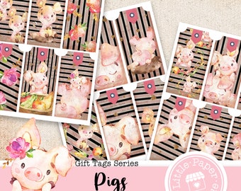 Pig Piglet Farmland Digital Tags, Farm Animal Gift Tags printable, vintage, journal kit, junk journal, ATC cards, horizontal Printable Tag