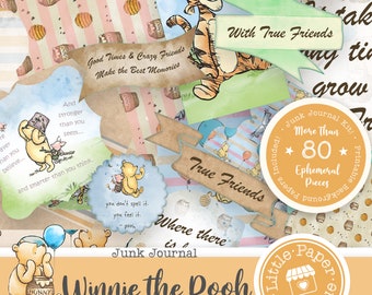 Winnie the Pooh (Watercolor) Classic Digital Junk Journal Kit (FULL KIT) with Scrapbook Printable Papers and Tickets for COMMERCIAL Use