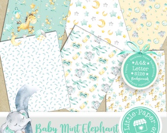 SEAMLESS A4 Letter Baby Boy Digital Paper, Baby Shower Scrapbook, Blue & Grey Elephant Backgrounds Baby, Baby Boy Elephant Nursery