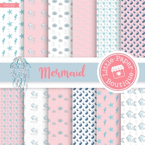 Golden Mermaid Digital Paper, Mermaid Patterns Pink and Turquoise Printable Scrapbook Paper Backgrounds Commercial Use Princess Background