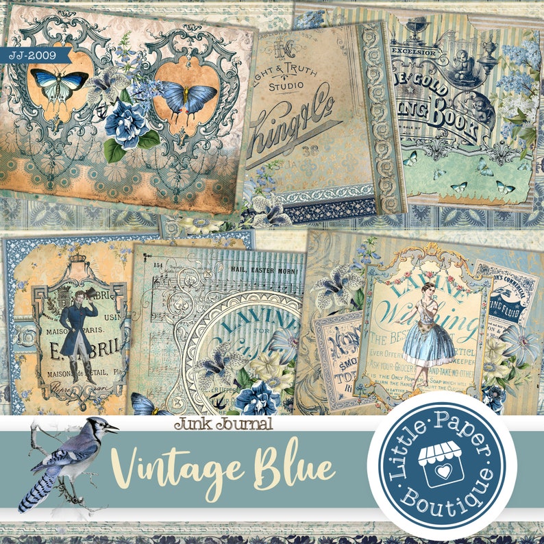 Vintage French Blue Digital Junk Journal Kit (FULL KIT) With Scrapbook ...