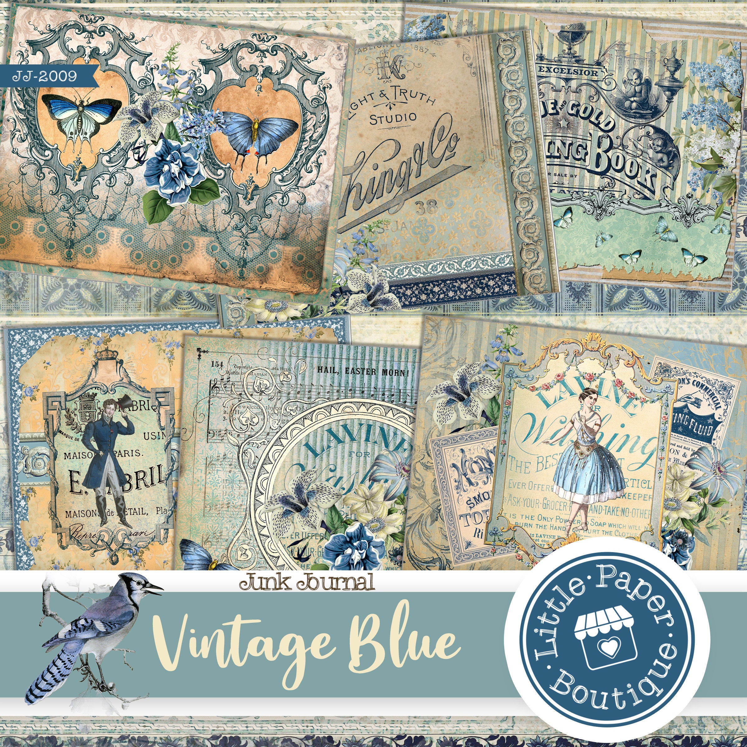 Vintage French Blue Digital Junk Journal Kit (FULL KIT) With Scrapbook ...