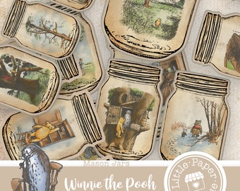 Può includere: Un set di 10 immagini digitali di barattoli di vetro Mason che rappresentano scene di Winnie the Pooh. Le immagini sono in stile vintage con uno sfondo marrone e contorni neri. Le immagini includono scene di Winnie the Pooh, Piglet, Eeyore, Tigger e Owl.
