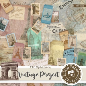 Kit diario spazzatura vintage stampabile Parigi vintage parigino, kit diario, diario spazzatura, carte ATC, fogli collage orizzontali, retro ATC