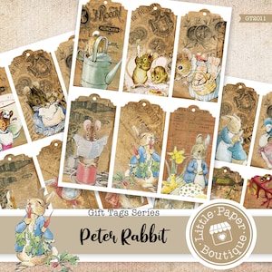 Peter Rabbit by Beatrix Potter Digital Gift Tags printable, vintage, journal kit, junk journal, ATC cards, horizontal collage, Printable Tag