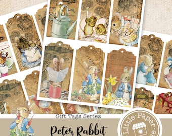 Peter Rabbit by Beatrix Potter Digital Gift Tags printable, vintage, journal kit, junk journal, ATC cards, horizontal collage, Printable Tag