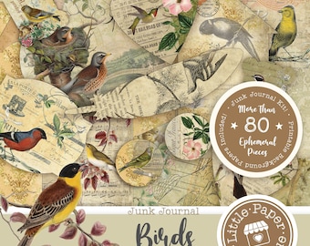 Vintage Birds Aviary Digital Junk Journal Kit (FULL KIT) with Scrapbook Printable Papers, Tickets and Ephemera for COMMERCIAL Use