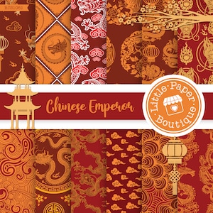 SEAMLESS Vintage Chinese Dragon Art digital paper pack. Red & Gold Chinese paper, Japanese paper. Oriental paper for scrapbook art