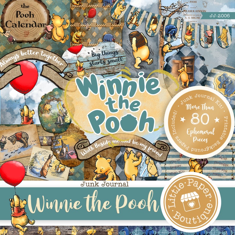 May include: Winnie the Pooh themed junk journal kit with over 80 pieces. The kit includes ephemera, papers, and backgrounds. The kit is designed for scrapbooking and crafting.