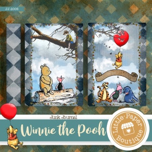 May include: A vintage-style collage featuring Winnie the Pooh and his friends. The collage includes images of Pooh Bear, Piglet, Tigger, and Eeyore. The collage is decorated with a red heart balloon, a banner, and a floral border. The text "Junk Journal Winnie the Pooh" is printed at the bottom of the collage.