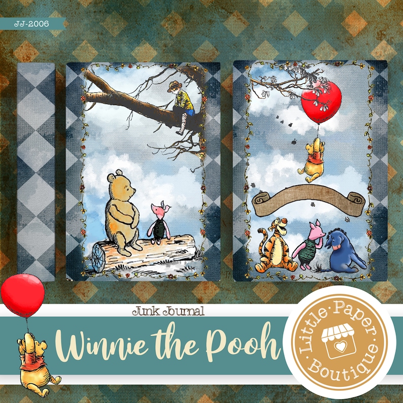 May include: A vintage-style collage featuring Winnie the Pooh and his friends. The collage includes images of Pooh Bear, Piglet, Tigger, and Eeyore. The collage is decorated with a red heart balloon, a banner, and a floral border. The text "Junk Journal Winnie the Pooh" is printed at the bottom of the collage.