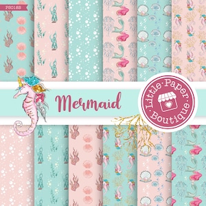 Golden Mermaid Digital Paper, Mermaid Patterns Pink and Turquoise Printable Scrapbook Paper Backgrounds Commercial Use Princess Background