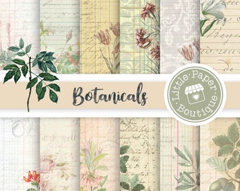 May include: A digital paper pack with a vintage aesthetic featuring botanical illustrations and handwritten text. The pack includes 10 different papers with a variety of patterns and textures. The papers are perfect for scrapbooking, card making, and other paper crafts.