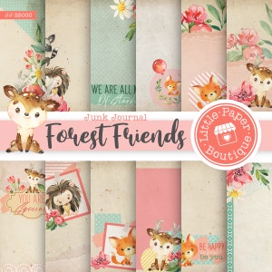 Forest Friends Woodlands Animals Digital Junk Journal Clipart Sfondi (A4 & Letter Size Scrapbook Pagine stampabili) Cervo Riccio Procione
