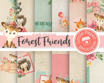 Forest Friends Woodlands Animals Digital Junk Journal Clipart Backgrounds (A4 & Letter Size Scrapbook Printable Pages) Deer Hedgehog Raccoon