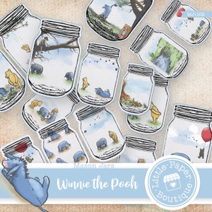 Winnie the Pooh diario basura Mason Jars, imprimible, otoño, acción de gracias, vintage, kit de diario, diario basura, tarjetas ATC, collage horizontal