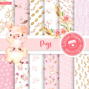 SEAMLESS Pig Piglet Farmland Digital Paper and Clip Art, Farm Animal Digital Scrapbook Paper, Barnyard Digital Paper Pack, Farm Scrapbook