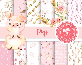 SEAMLESS Pig Piglet Farmland Digital Paper and Clip Art, Farm Animal Digital Scrapbook Paper, Barnyard Digital Paper Pack, Farm Scrapbook