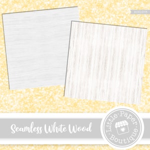 May include: Two seamless white wood textures. The first texture is a close-up of wood grain. The second texture is a wide plank wood.  The text "Seamless White Wood" is below the images. A circle with the text "Little Paper Boutique" is below the text.
