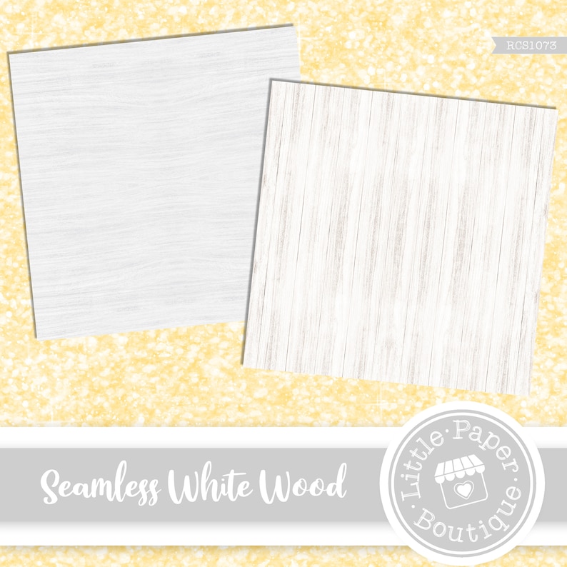 May include: Two seamless white wood textures. The first texture is a close-up of wood grain. The second texture is a wide plank wood.  The text "Seamless White Wood" is below the images. A circle with the text "Little Paper Boutique" is below the text.