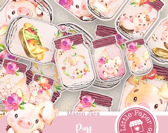 Pig Piglet Farmland Digital Tags, Farm Animal Gift Tags printable, vintage, journal kit, junk journal, ATC cards, horizontal Printable Tag