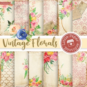 Floral Digital Junk Journal Pages, Shabby Chic Digital Paper Pack, Roses Scrapbook vintage floral printable backgrounds Spring floral