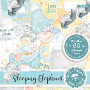 Baby Elephant Boy Digital Junk Journal Kit (FULL KIT) Ephemera Elements Clipart (Scrapbook Printable Pages and Tags)