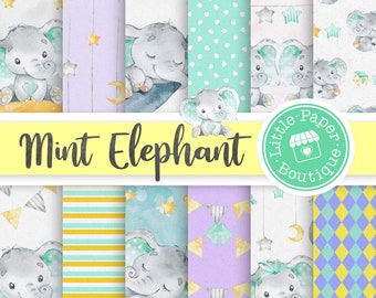 Baby Boy Digital Paper, Baby Shower Scrapbook, Blue & Grey Elephant Backgrounds Baby Paper Pack, Baby Boy Elephant Nursery Elephant Digital