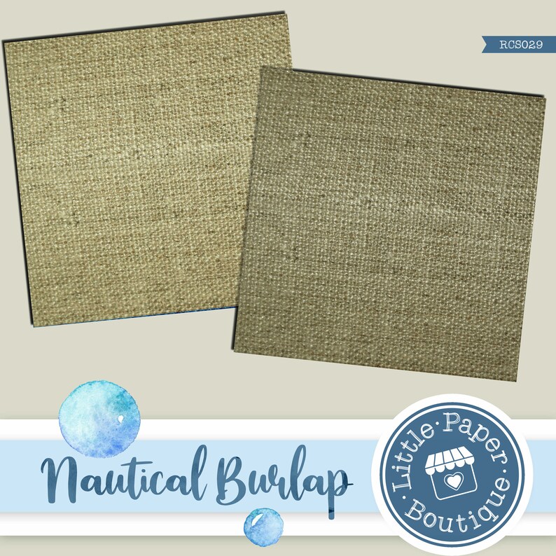 May include: Two brown burlap squares with a rough texture. The squares are arranged side by side. The image includes the text "Nautical Burlap" and a logo for "Little Paper Boutique".