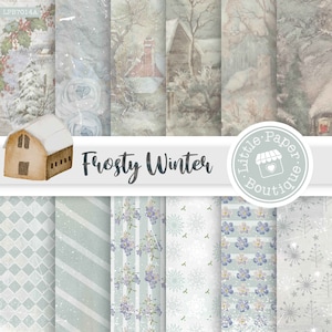 May include: A set of digital paper designs featuring a winter theme. The papers include a snowy landscape with a barn, a floral pattern, a snowflake pattern, and a striped pattern. The papers are in shades of blue, white, and gray. The text "Frosty Winter" is displayed on the top of the image. The text "Little Paper Boutique" is displayed in a circle on the right side of the image.
