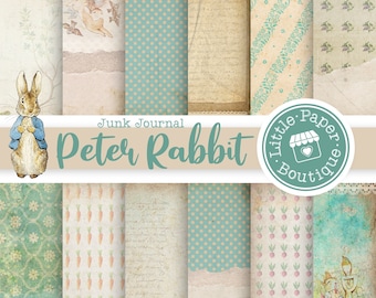 May include: A set of 10 digital papers featuring a vintage aesthetic with a Peter Rabbit theme. The papers include various patterns, including polka dots, floral designs, and a pattern of carrots. The papers are perfect for scrapbooking, card making, and other crafting projects.