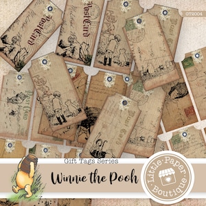 Étiquettes cadeaux pour journal indésirable Winnie l'ourson, imprimable, vintage, kit de journal, journal indésirable, cartes ATC, collage horizontal, étiquettes imprimables