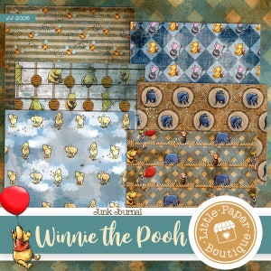 May include: A digital paper pack featuring Winnie the Pooh and friends. The pack includes 10 different patterns with a vintage aesthetic. The patterns feature Winnie the Pooh, Piglet, Eeyore, Tigger, and other characters from the beloved children's book series. The paper pack is perfect for scrapbooking, card making, and other paper crafts.
