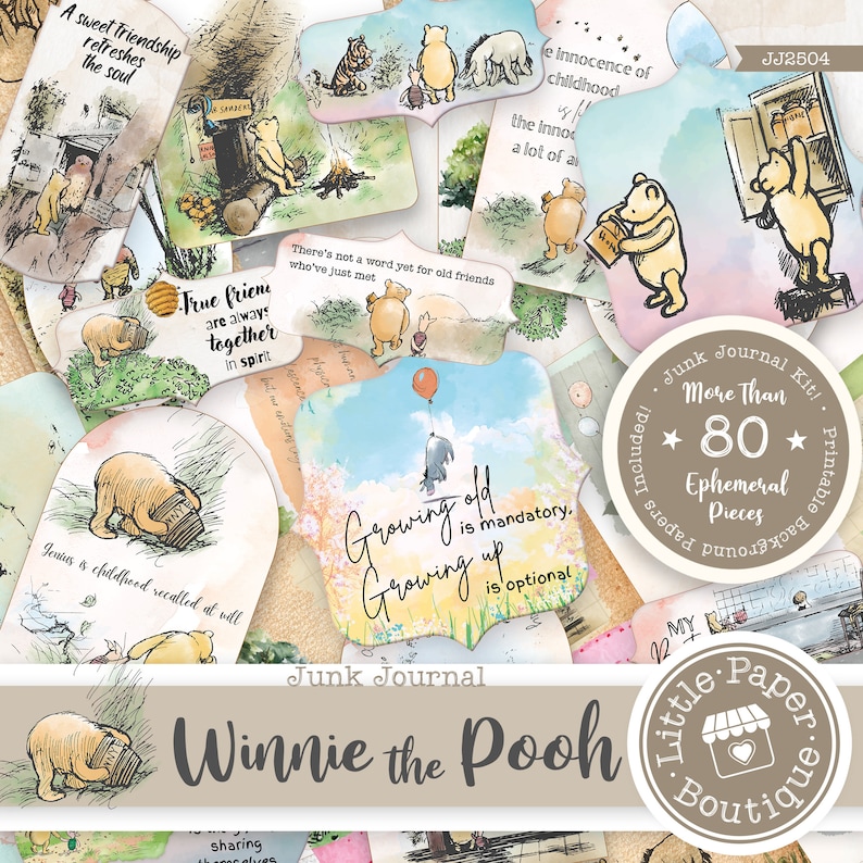 May include: Winnie the Pooh themed junk journal kit with over 80 pieces. The kit includes ephemera with watercolor illustrations of Winnie the Pooh and his friends, along with quotes about friendship and growing up. The kit is perfect for adding a touch of whimsy to your journal.