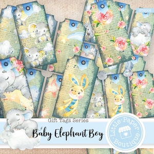 Baby Boy Elephant junk journal Gift Tags, printable, vintage, journal kit, junk journal, ATC cards, horizontal collage, Printable Tags