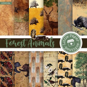 Puede incluir: Paquete de papel digital con ilustraciones de animales del bosque. El paquete incluye imágenes de un ciervo, un puercoespín, una mofeta y pájaros. El paquete de papel es perfecto para scrapbooking, creación de tarjetas y otras manualidades de papel.