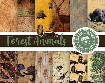 Woodland Animal Digital Paper Printable Forest Papers Woodlands Backgrounds Nature Scrapbooking Bear Deer Bunny Moose Owl Plants and Animals