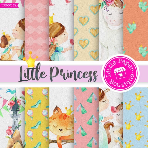 Little Princess and Dog, Unicorn and Girl, Princess and Cat, Kitty, Princess Castle, Scrapbook Digital Paper Girl, Printable Paper.