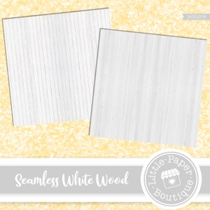 May include: Two seamless white wood textures, one with vertical planks and the other with horizontal planks. The textures are displayed on a yellow glitter background. The text "Seamless White Wood" is displayed below the textures. A grey circle with the text "Little Paper Boutique" is displayed below the text.
